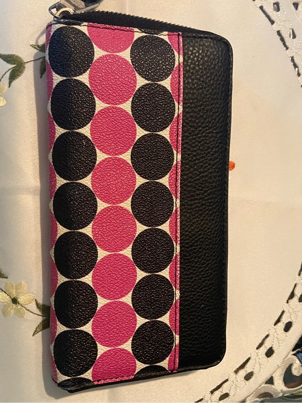 Dana Buchman Pink and Black Polka Dot Zip Wallet